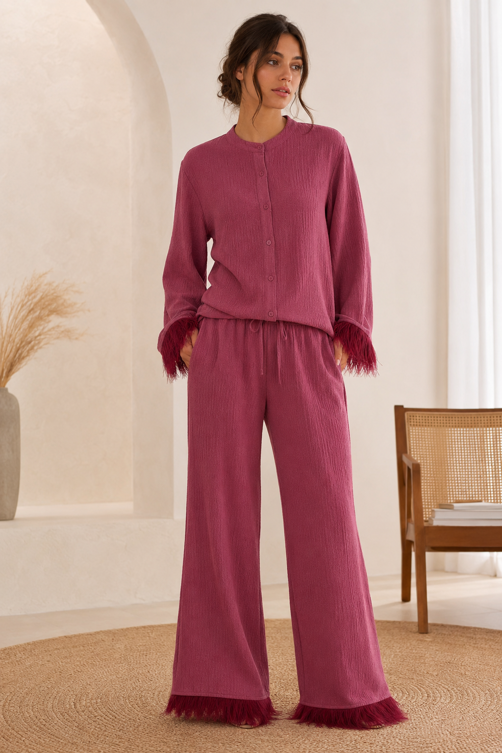 Seraphine | Women's Feather-Trim Sequin Wide-Leg Trouser Co-Ord