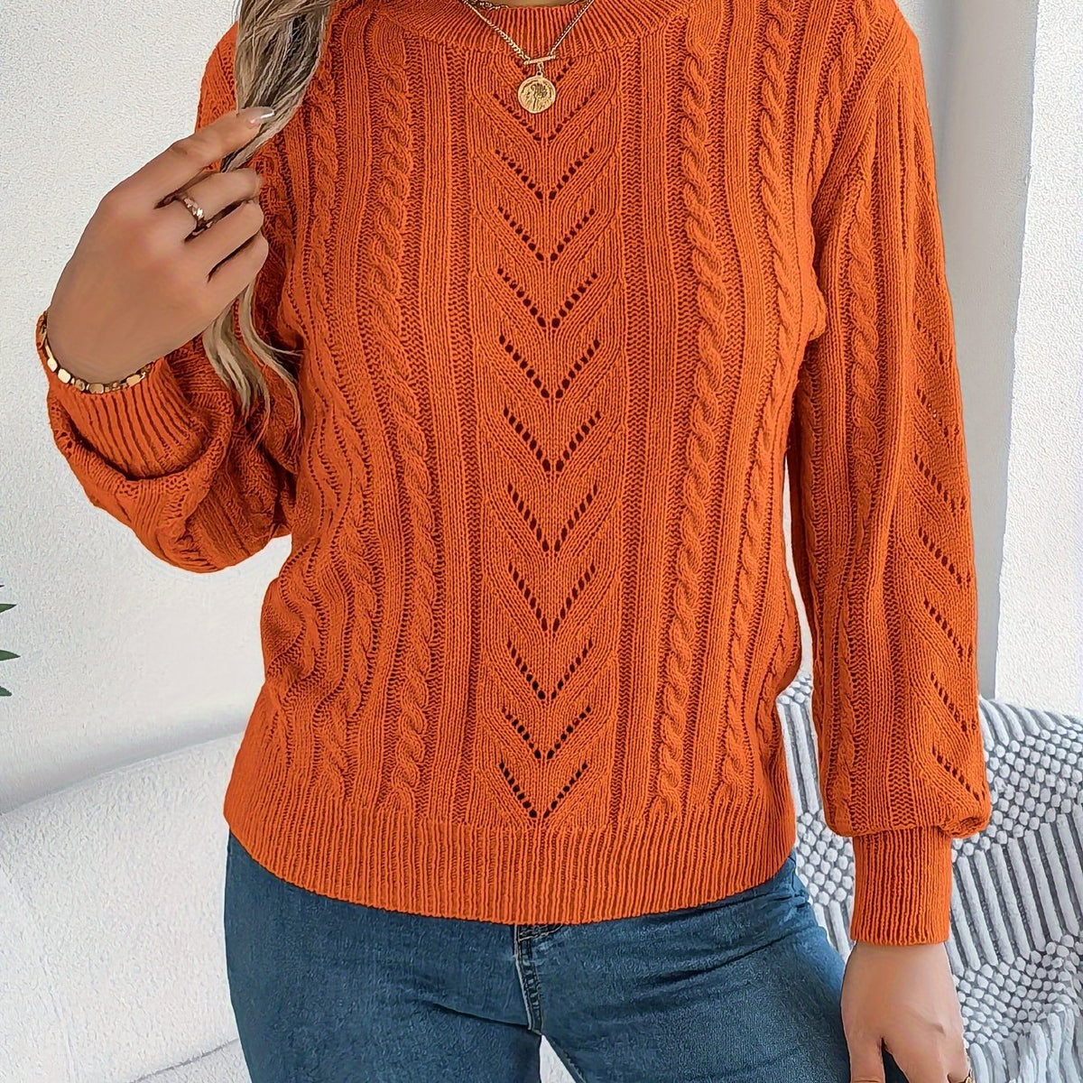 Lowri | Women's Textured Openwork Crew Neck Knit Jumper