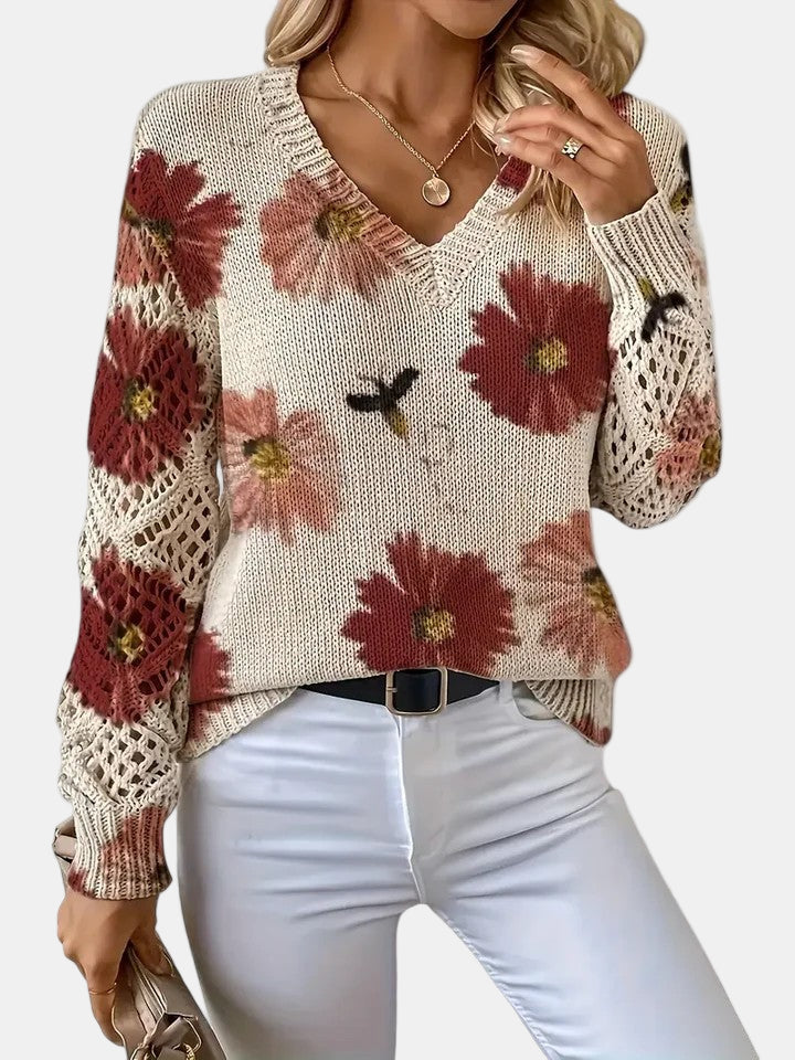 Roséliane | Women's Floral Knit V-Neck Sweater