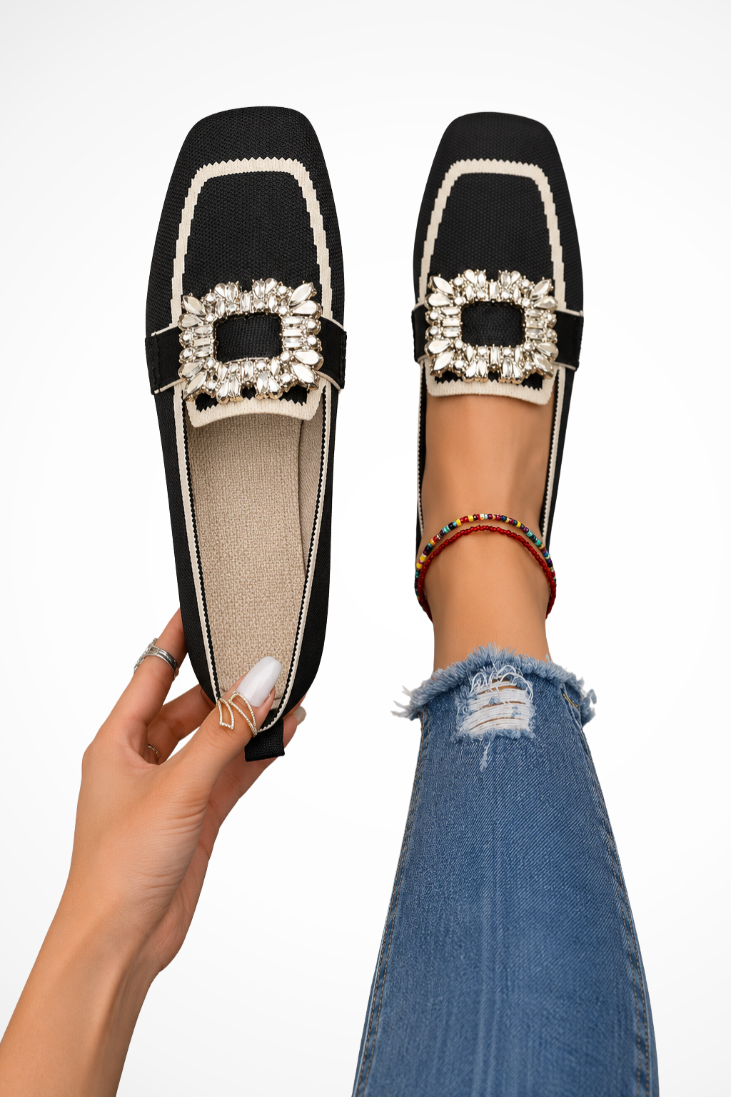 Évabelle | Women's Embellished Square Toe Loafers