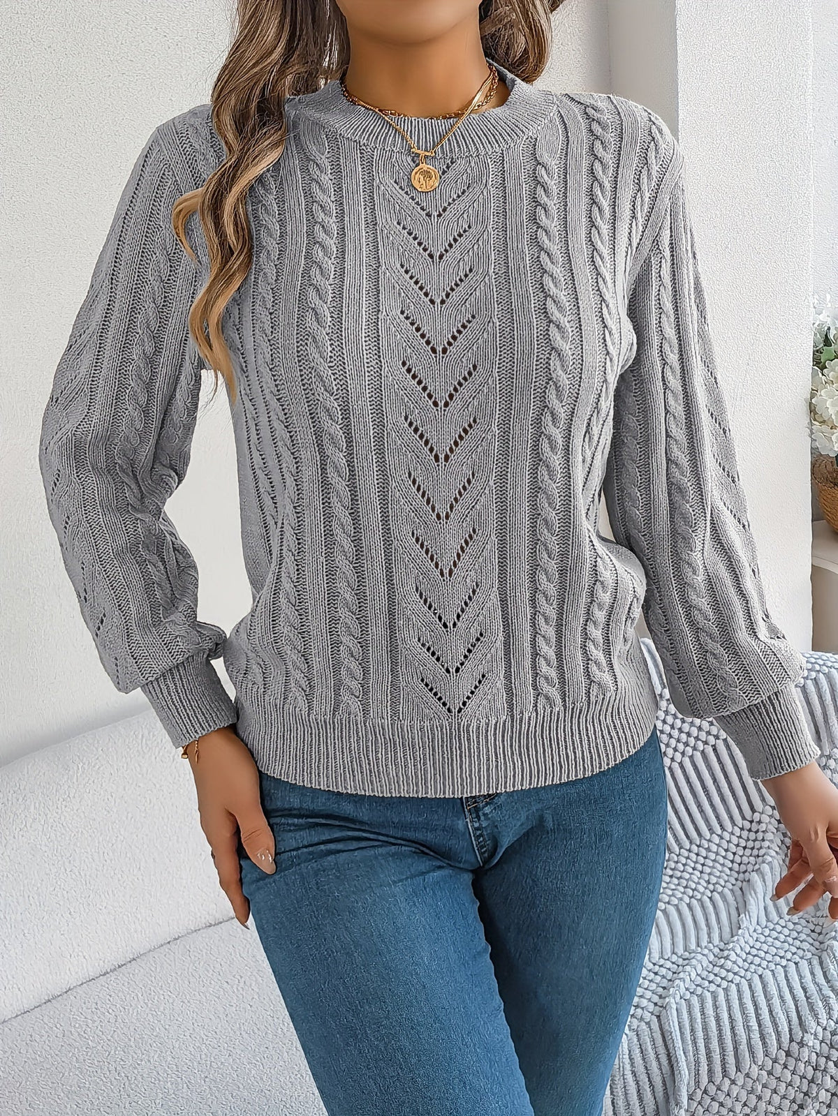 Lowri | Women's Textured Openwork Crew Neck Knit Jumper