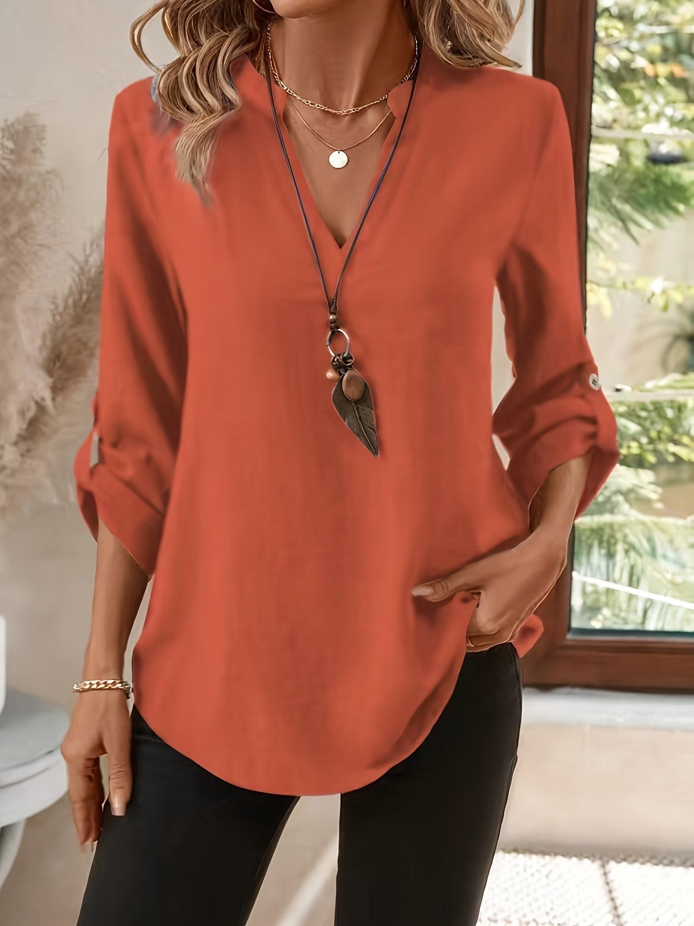 Maëlia | Women's V-Neck Roll Sleeve Blouse