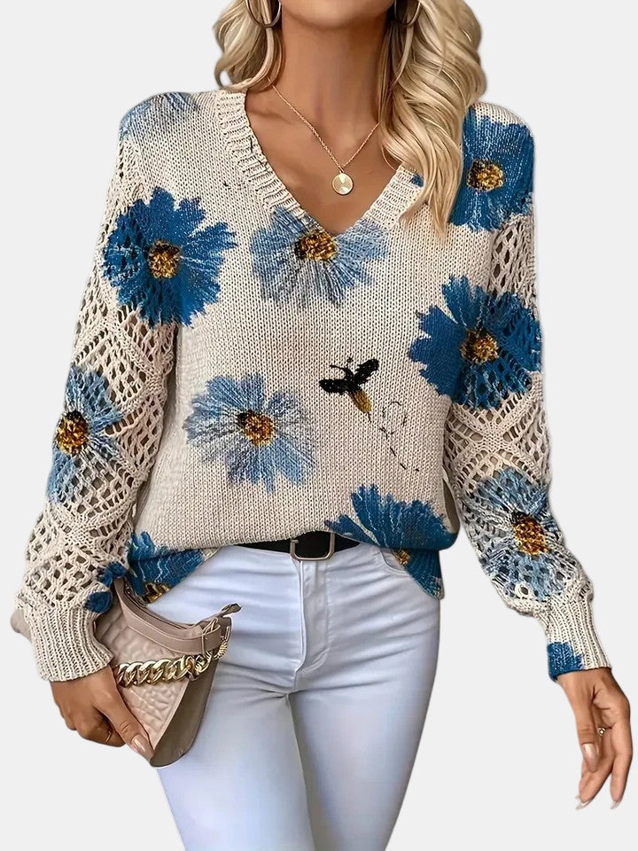 Roséliane | Women's Floral Knit V-Neck Sweater