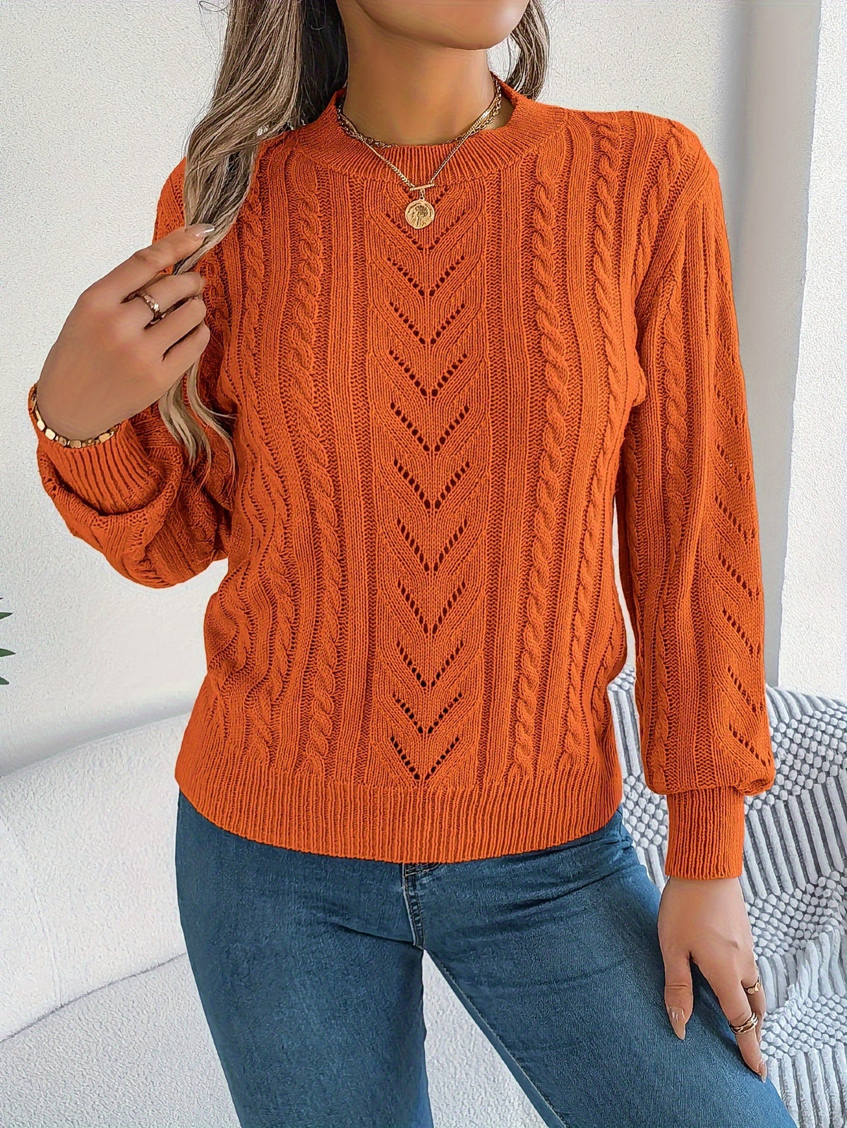 Lowri | Women's Textured Openwork Crew Neck Knit Jumper