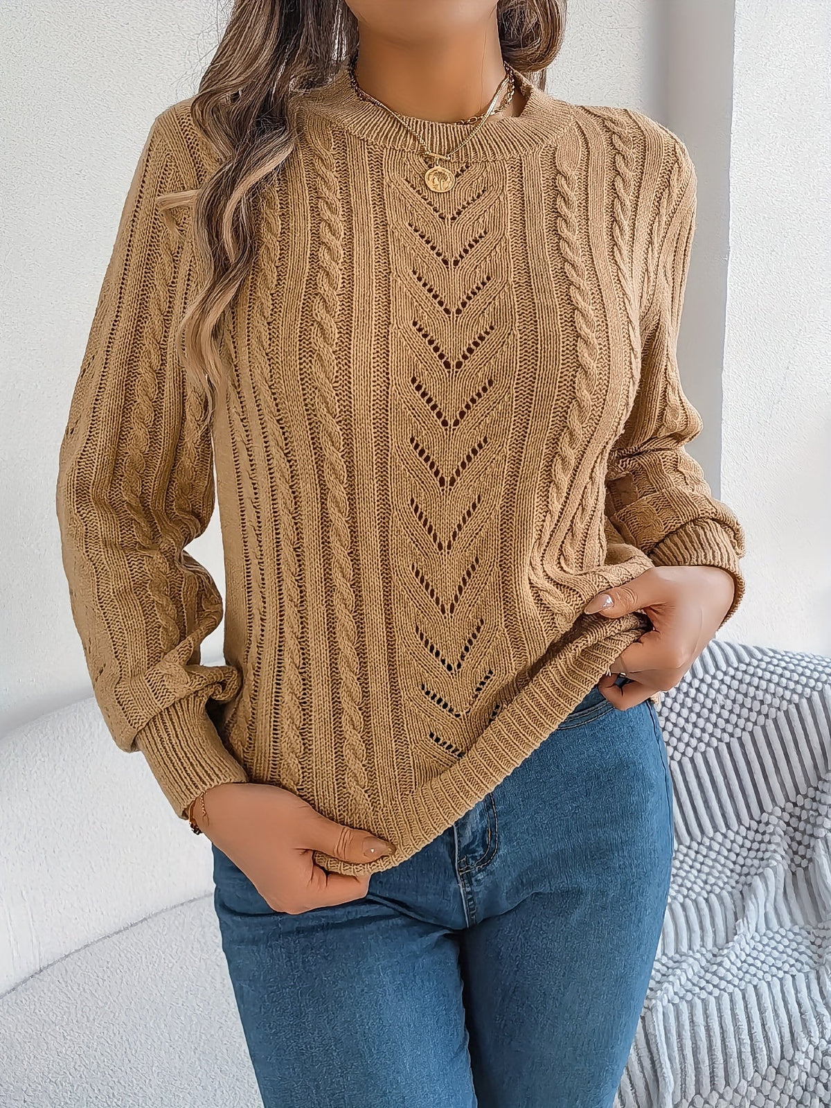 Lowri | Women's Textured Openwork Crew Neck Knit Jumper