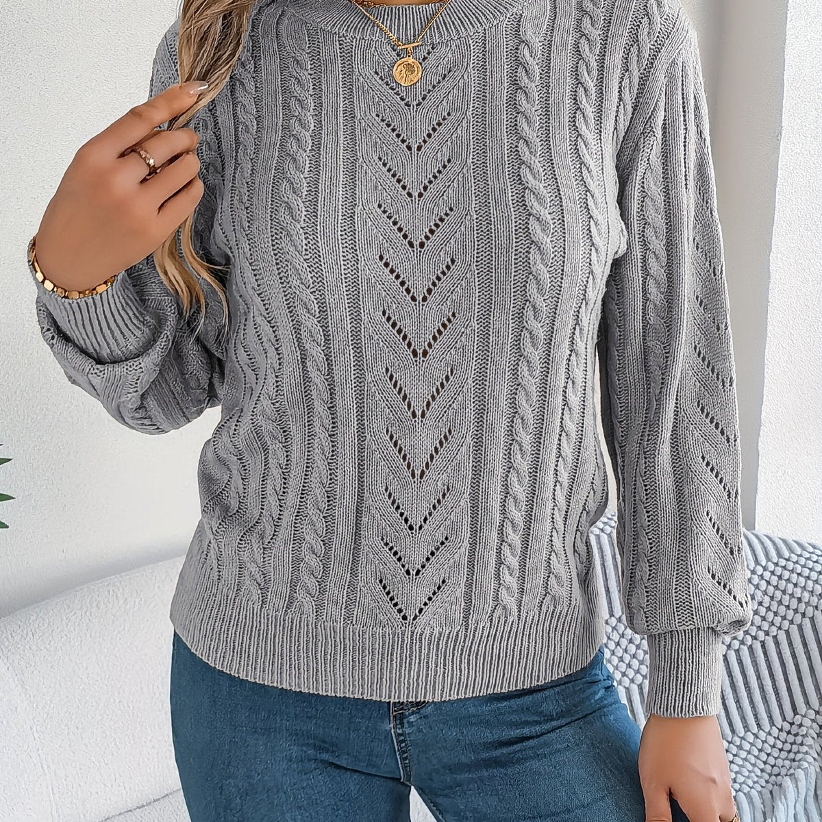 Lowri | Women's Textured Openwork Crew Neck Knit Jumper