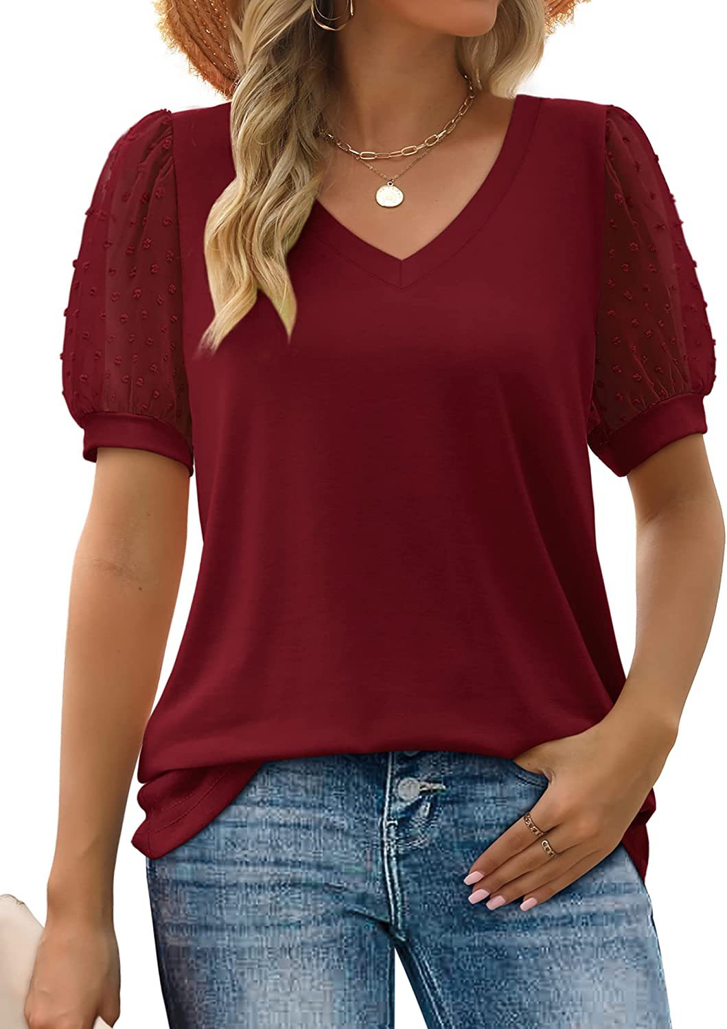 Elysiane | Women's V-Neck Puff Sleeve Blouse