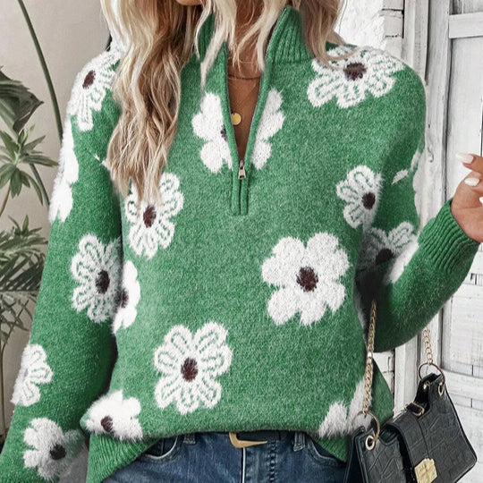 Daphne | Women's Daisy Floral Collared Half-Zip Knitted Jumper