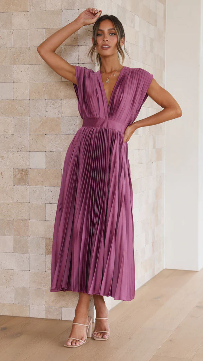 Eloise | Women's V-Neck Pleated Party Midi Dress