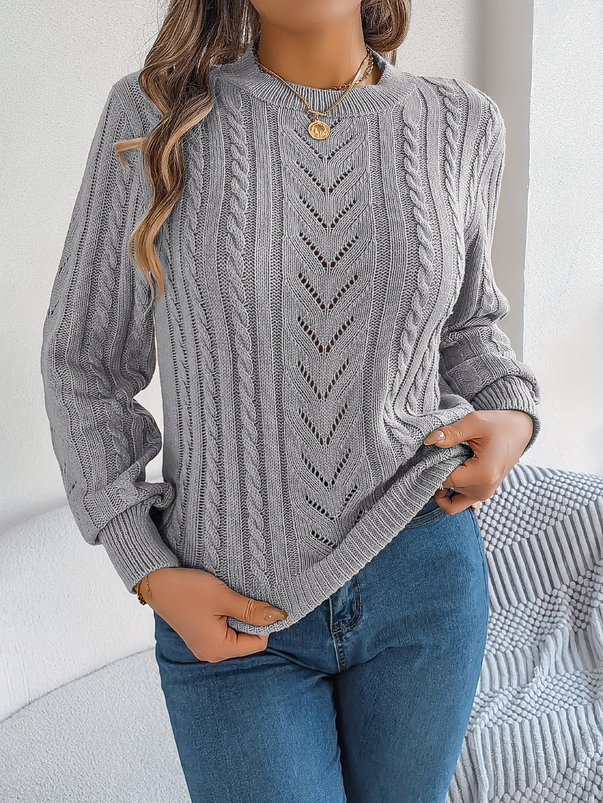 Lowri | Women's Textured Openwork Crew Neck Knit Jumper
