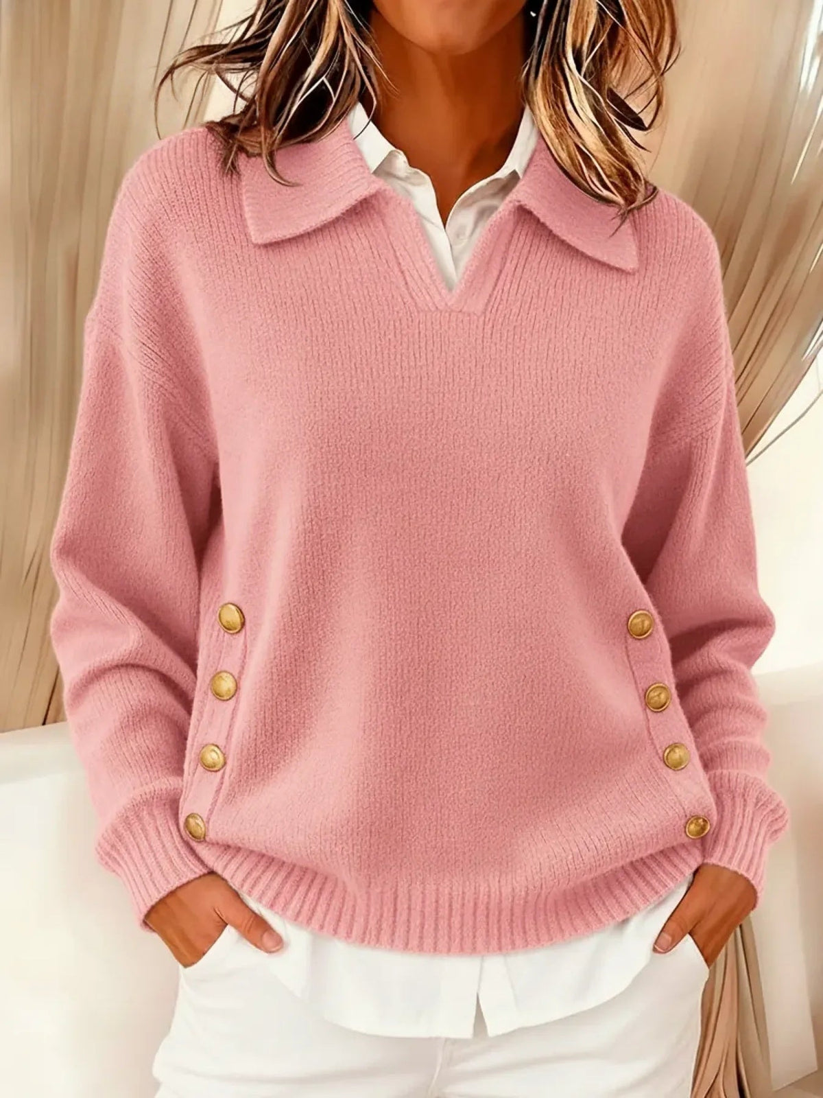 Women's Oversized Collared V-Neck Gold Button Polo Jumper