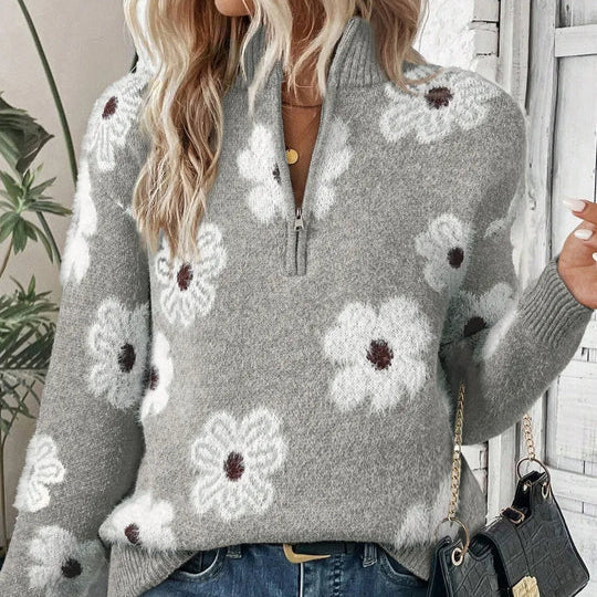 Daphne | Women's Daisy Floral Collared Half-Zip Knitted Jumper