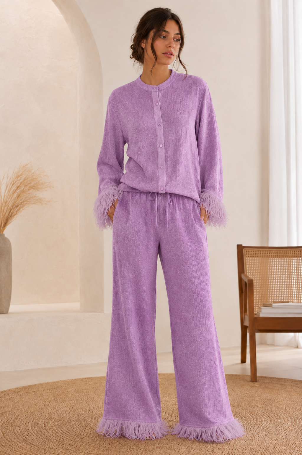 Seraphine | Women's Feather-Trim Sequin Wide-Leg Trouser Co-Ord