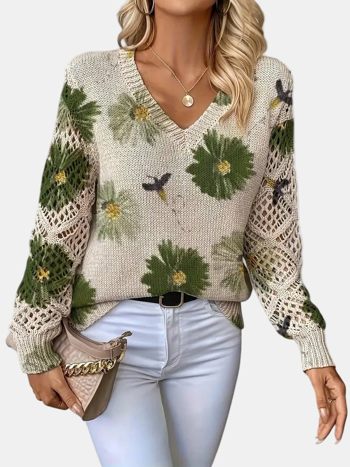 Roséliane | Women's Floral Knit V-Neck Sweater