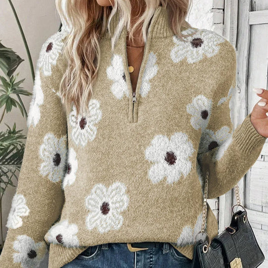 Daphne | Women's Daisy Floral Collared Half-Zip Knitted Jumper