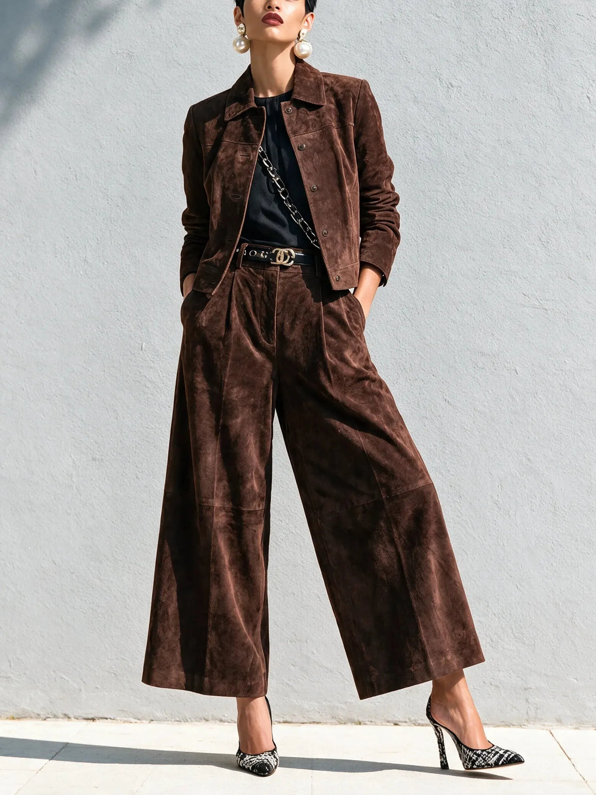 Isadora | Dark Brown Faux Suede Jacket & Wide-Leg Trousers Set