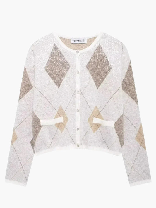 Women's Cropped Argyle Knit Cardigan