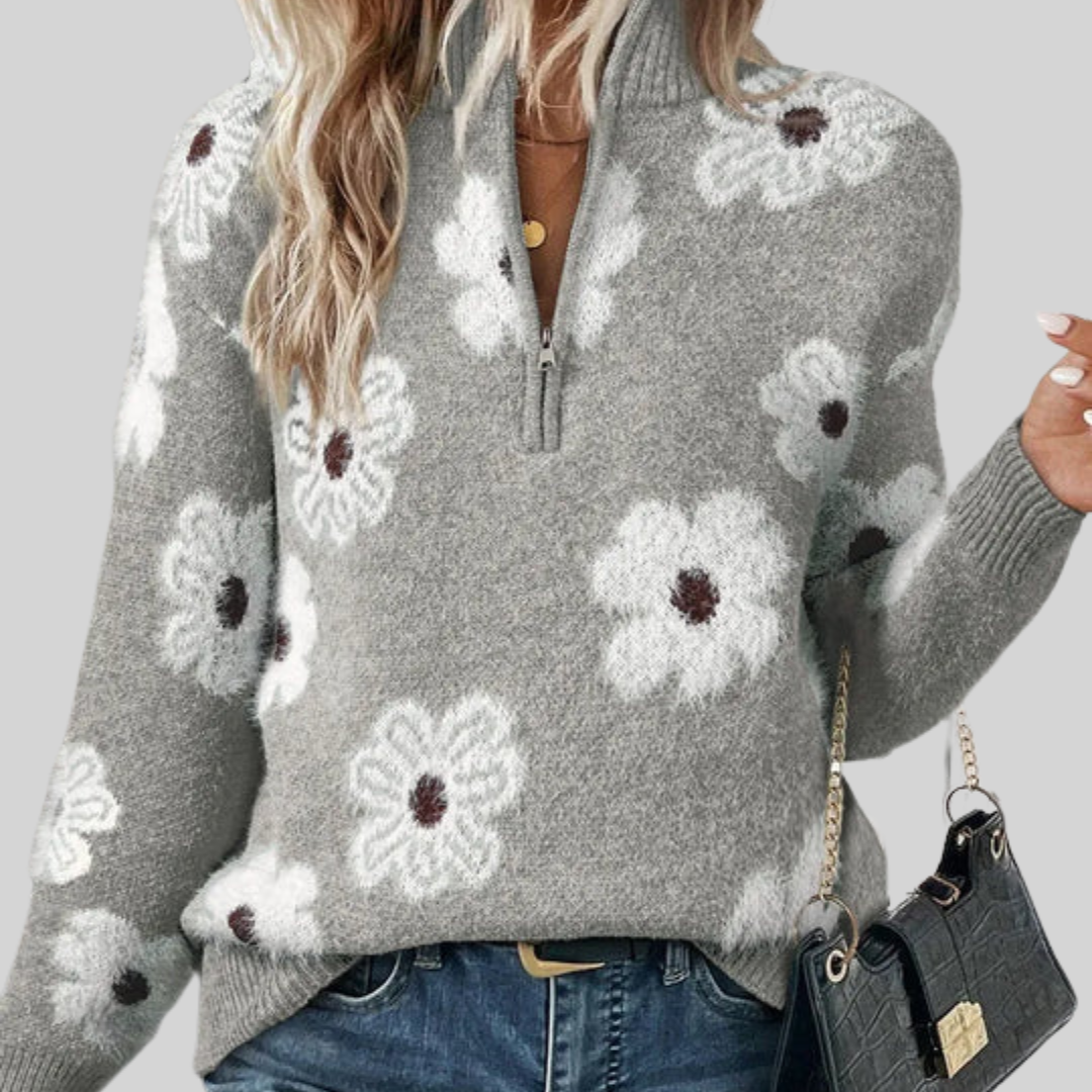 Daphne | Women's Daisy Floral Collared Half-Zip Knitted Jumper
