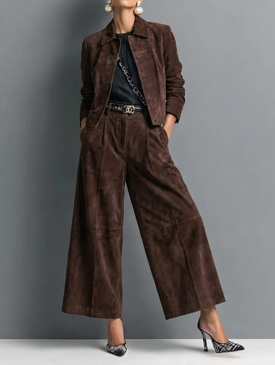 Isadora | Dark Brown Faux Suede Jacket & Wide-Leg Trousers Set