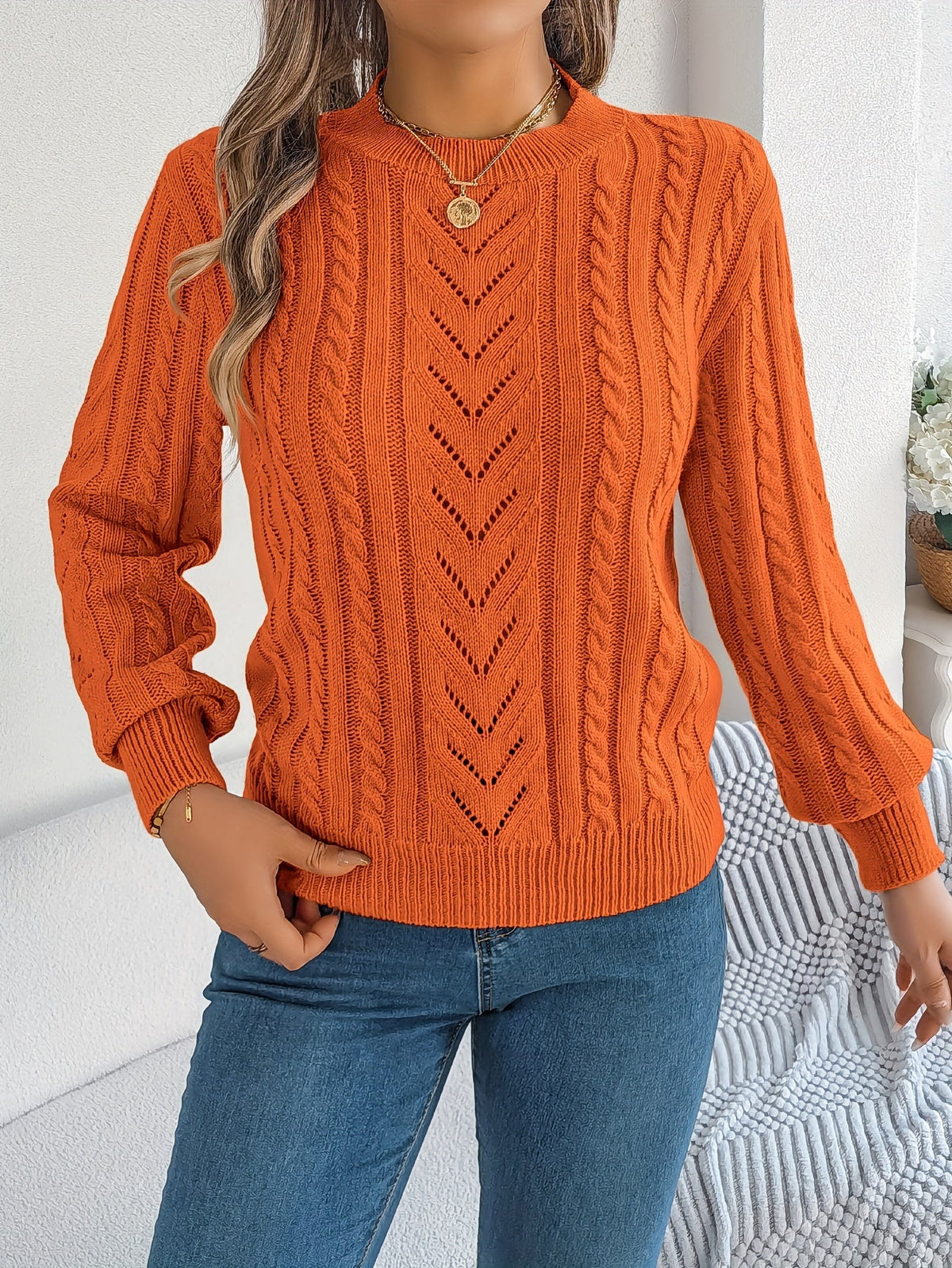 Lowri | Women's Textured Openwork Crew Neck Knit Jumper