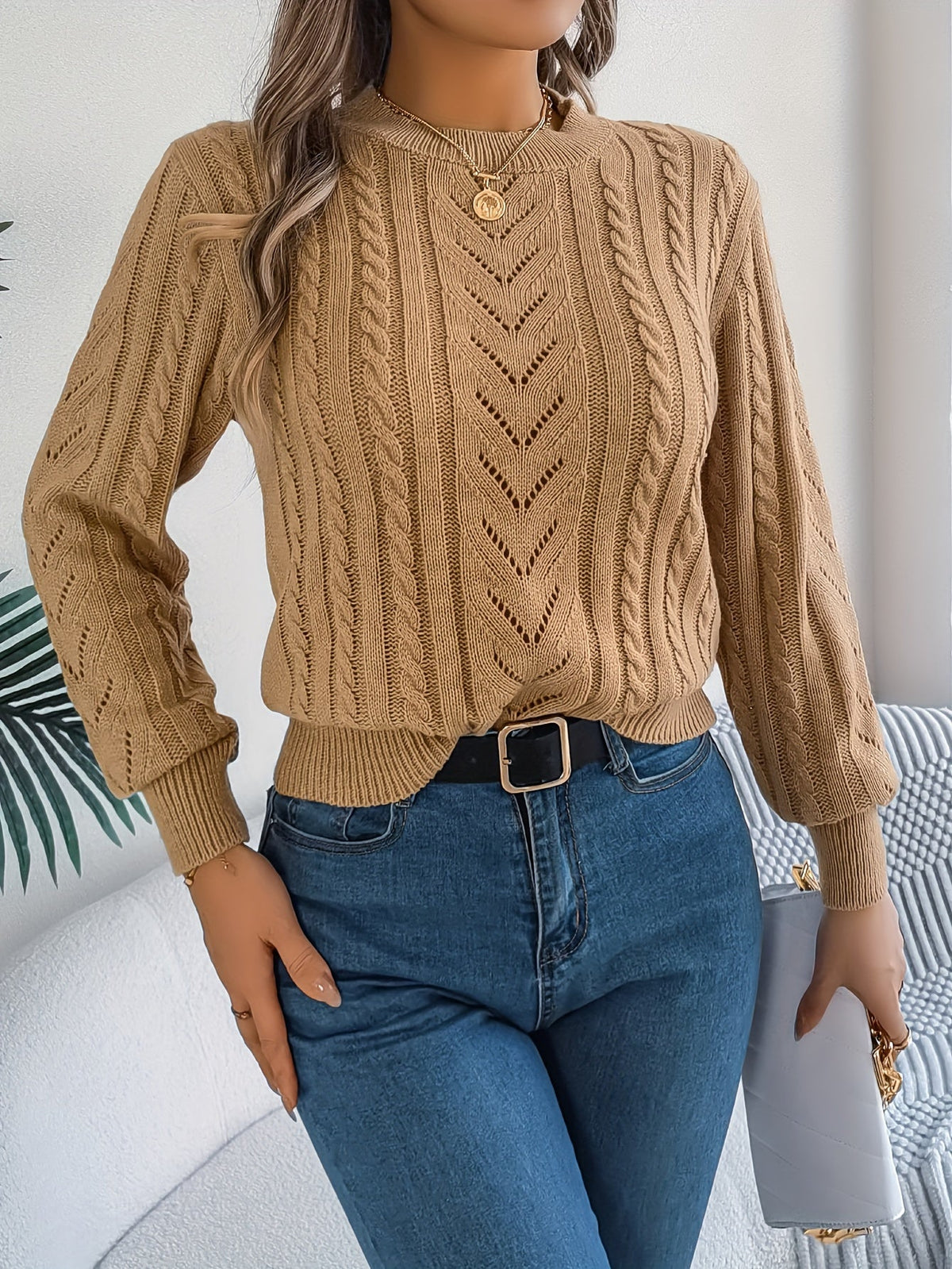 Lowri | Women's Textured Openwork Crew Neck Knit Jumper
