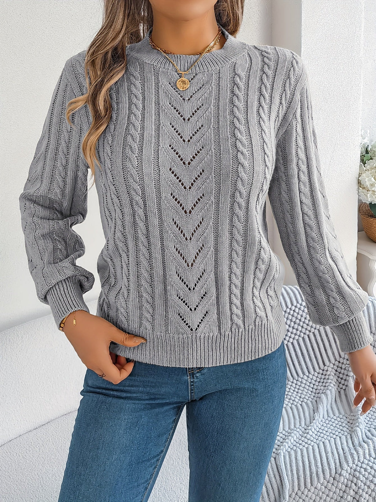 Lowri | Women's Textured Openwork Crew Neck Knit Jumper