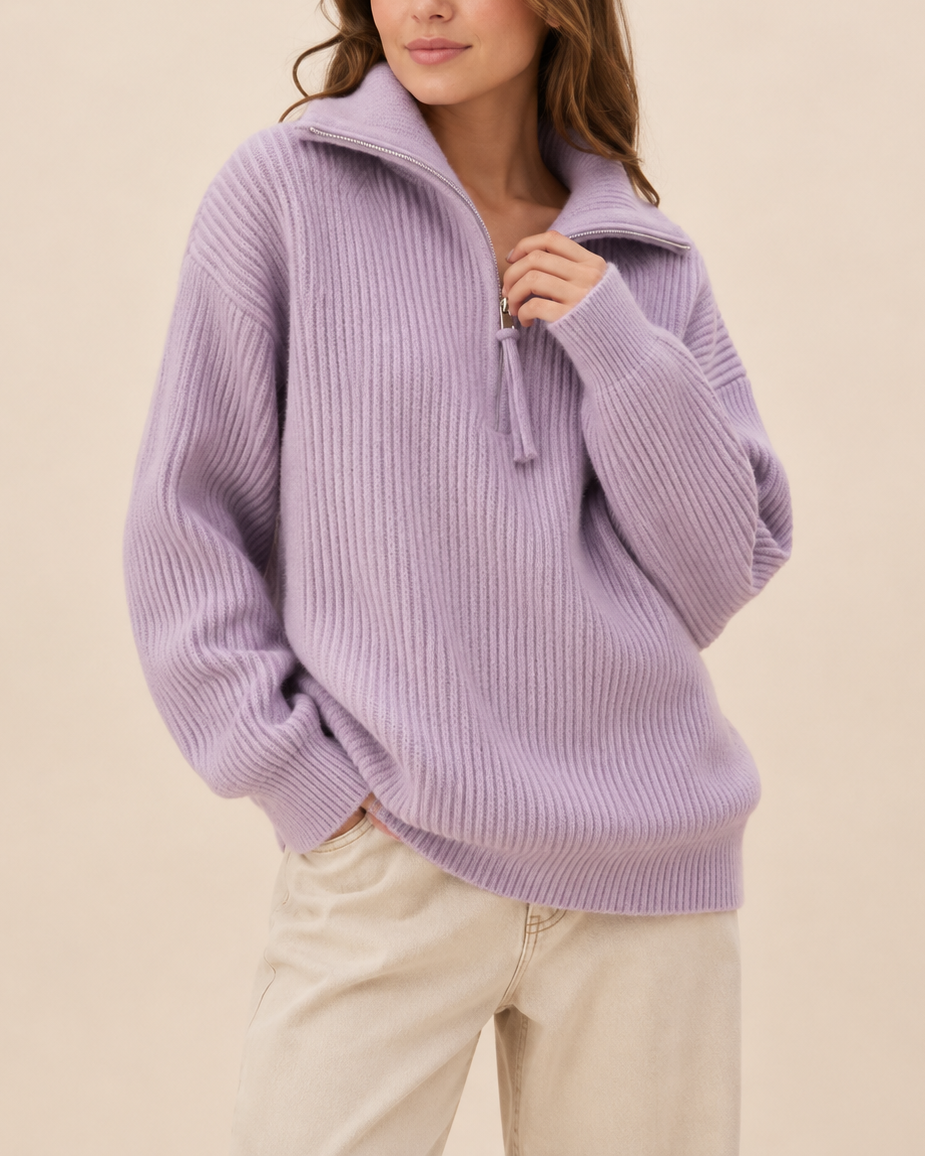 Aurelia | Women's Oversized Ribbed Knit Quarter-Zip Polo Jumper