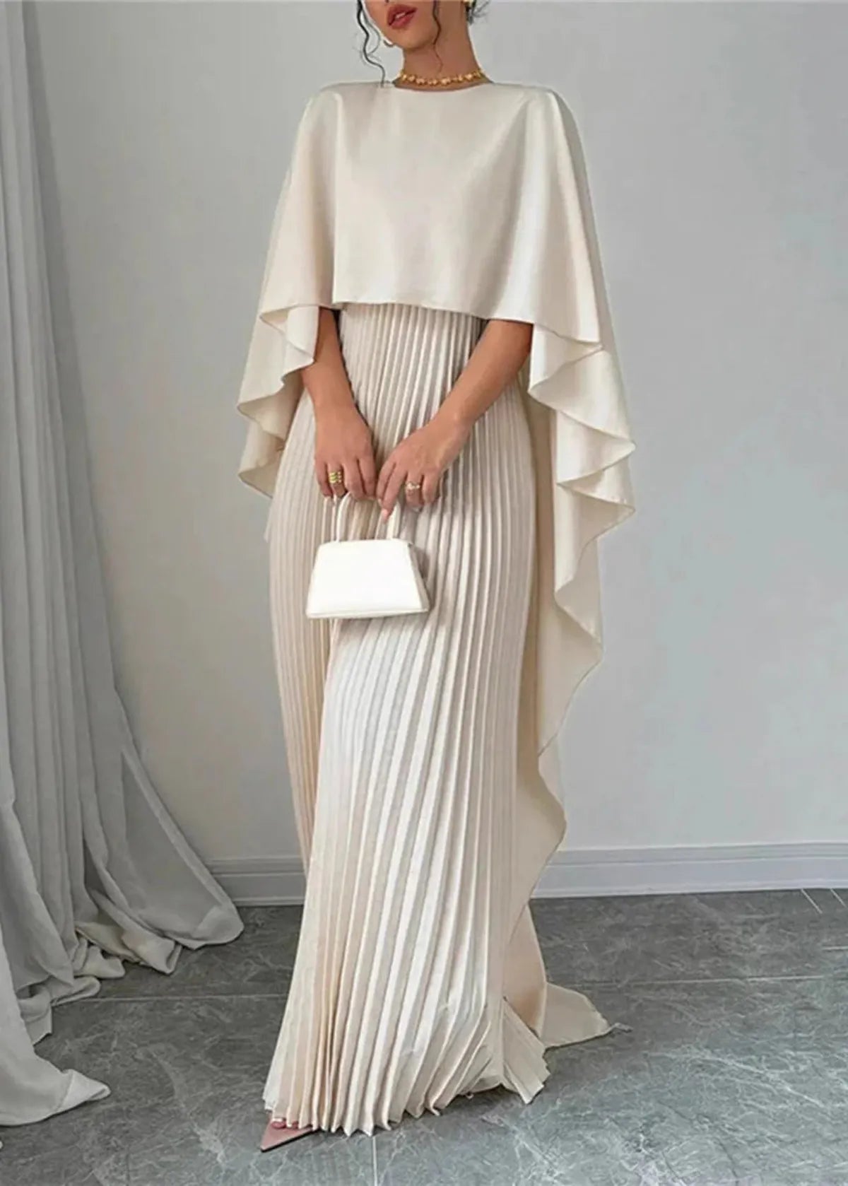 Celeste | Elegant Pleated Cape Maxi Wedding Guest Dress