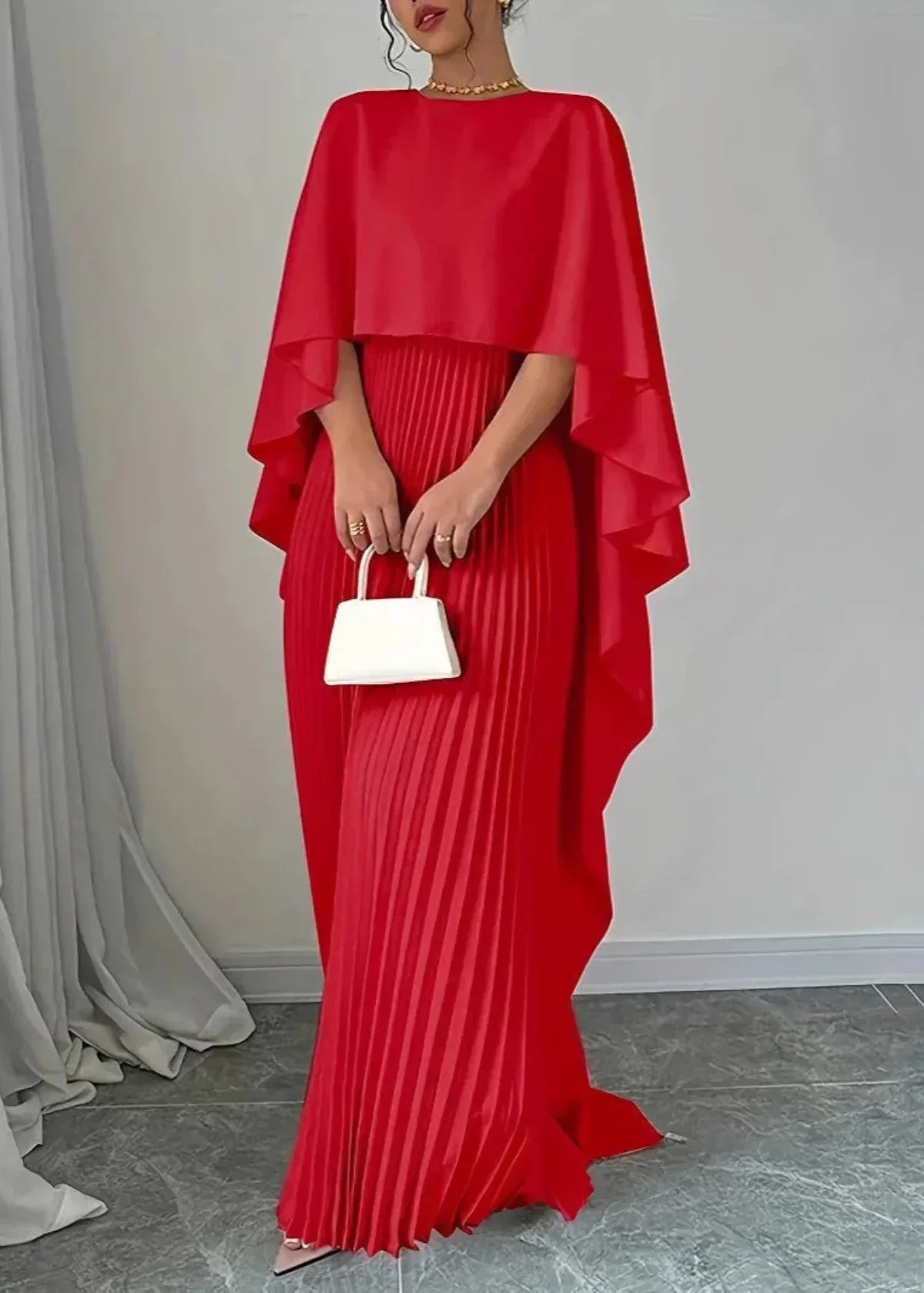 Celeste | Elegant Pleated Cape Maxi Wedding Guest Dress