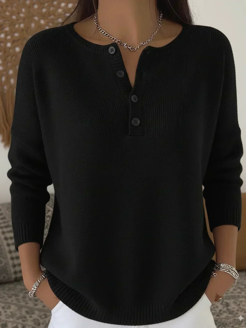 Women's Ribbed Henley Button Drop-Shoulder Knitted Jumper