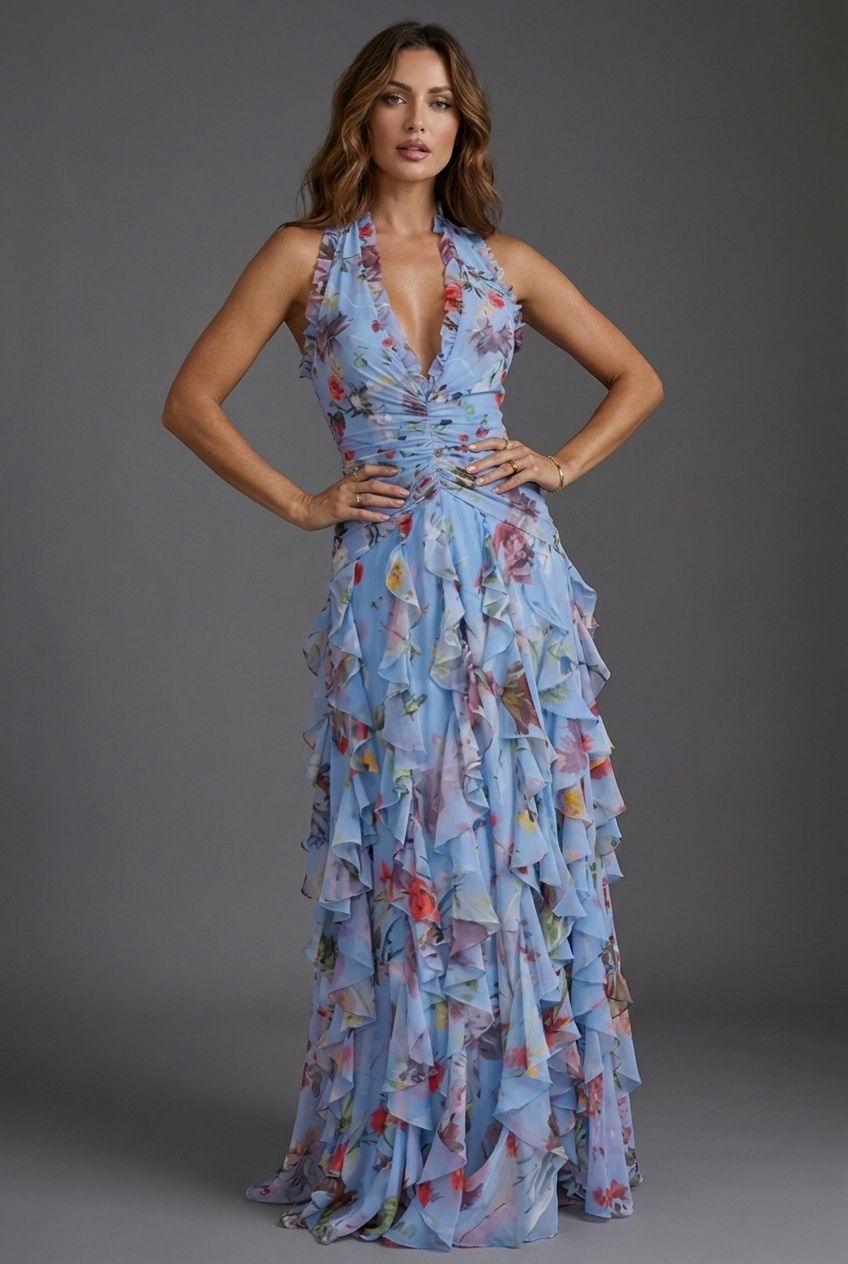 Women's Floral Halter-Neck Ruffle Party Maxi Dress