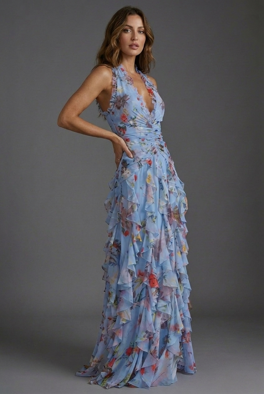 Women's Floral Halter-Neck Ruffle Party Maxi Dress