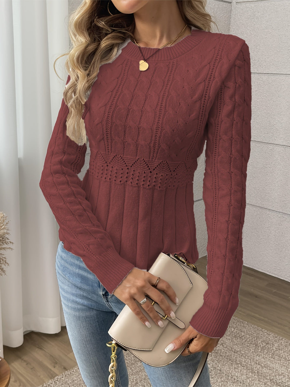 Genevieve | Cable Knit Jumper with Pointelle Waist Detail