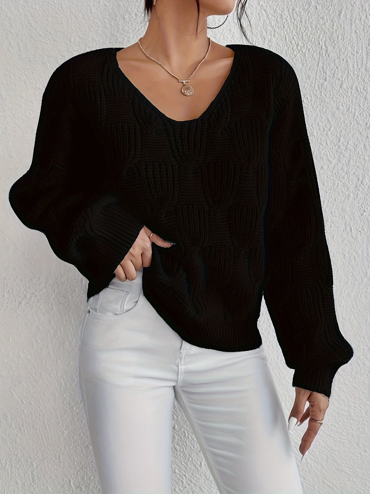 Josephine | Cable Knit V-Neck Jumper with Puff Sleeves