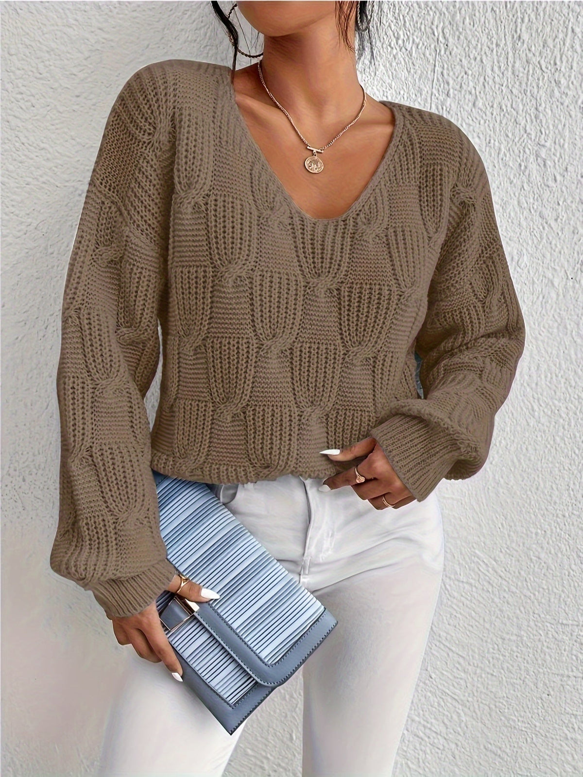 Josephine | Cable Knit V-Neck Jumper with Puff Sleeves