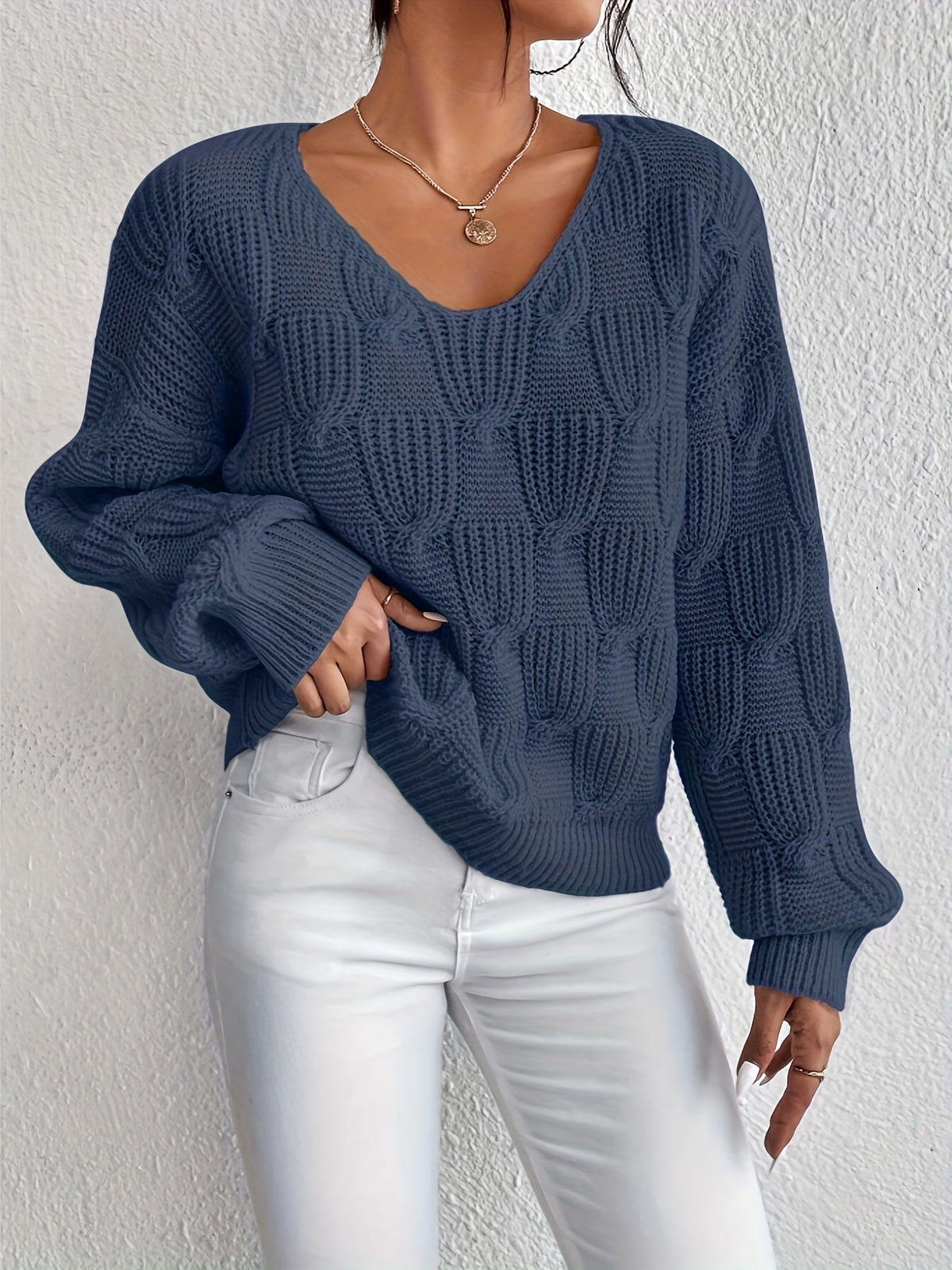 Josephine | Cable Knit V-Neck Jumper with Puff Sleeves