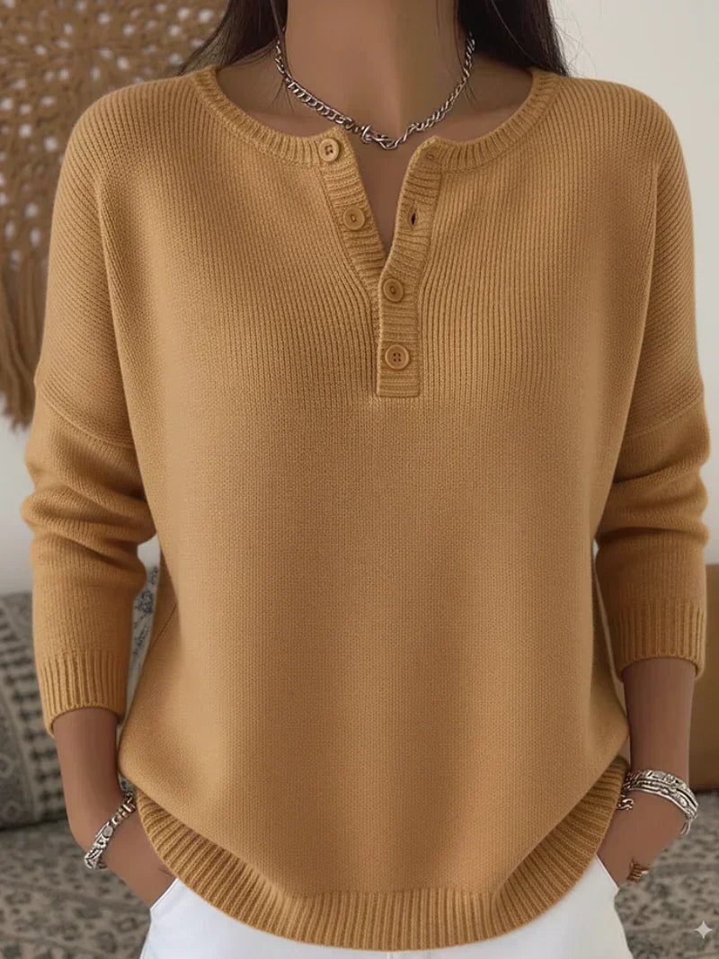Women's Ribbed Henley Button Drop-Shoulder Knitted Jumper