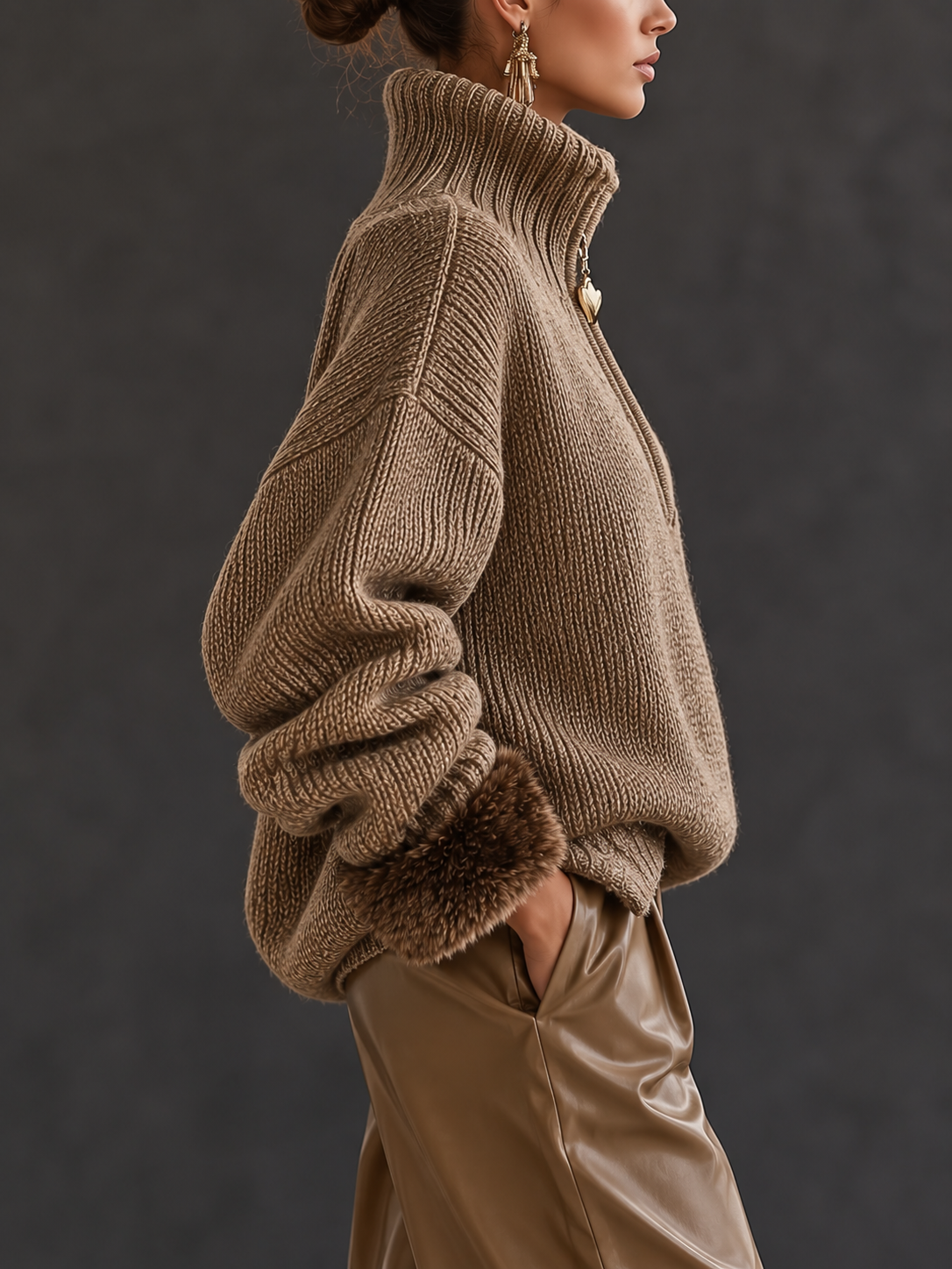 Rosalind | Half-Zip Chunky Knit Jumper with Fur Cuffs