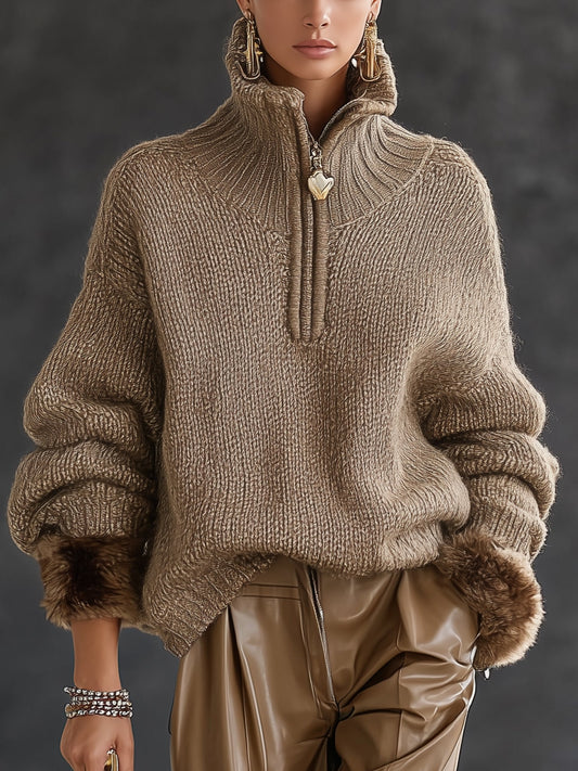 Rosalind | Half-Zip Chunky Knit Jumper with Fur Cuffs