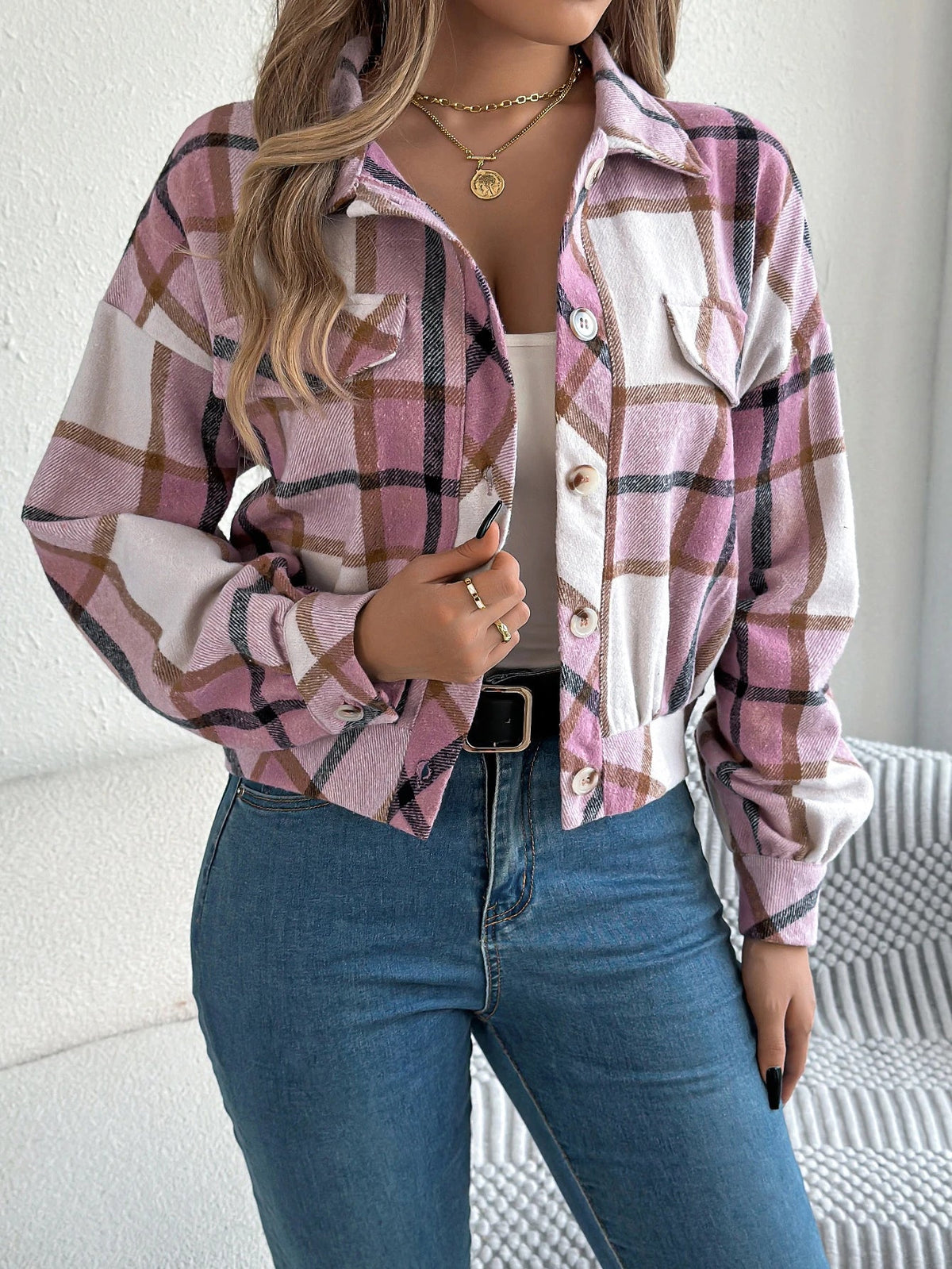 Hollis | Women's Cropped Check Relaxed-Fit Shacket