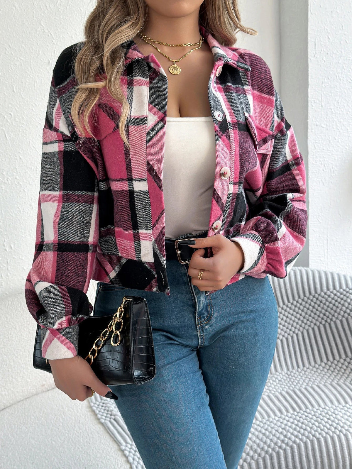 Hollis | Women's Cropped Check Relaxed-Fit Shacket