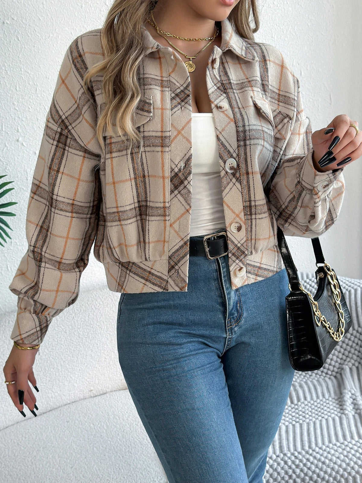 Hollis | Women's Cropped Check Relaxed-Fit Shacket