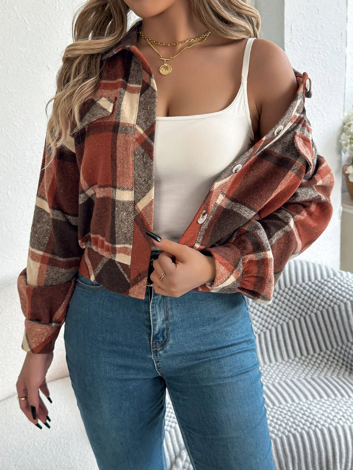 Hollis | Women's Cropped Check Relaxed-Fit Shacket