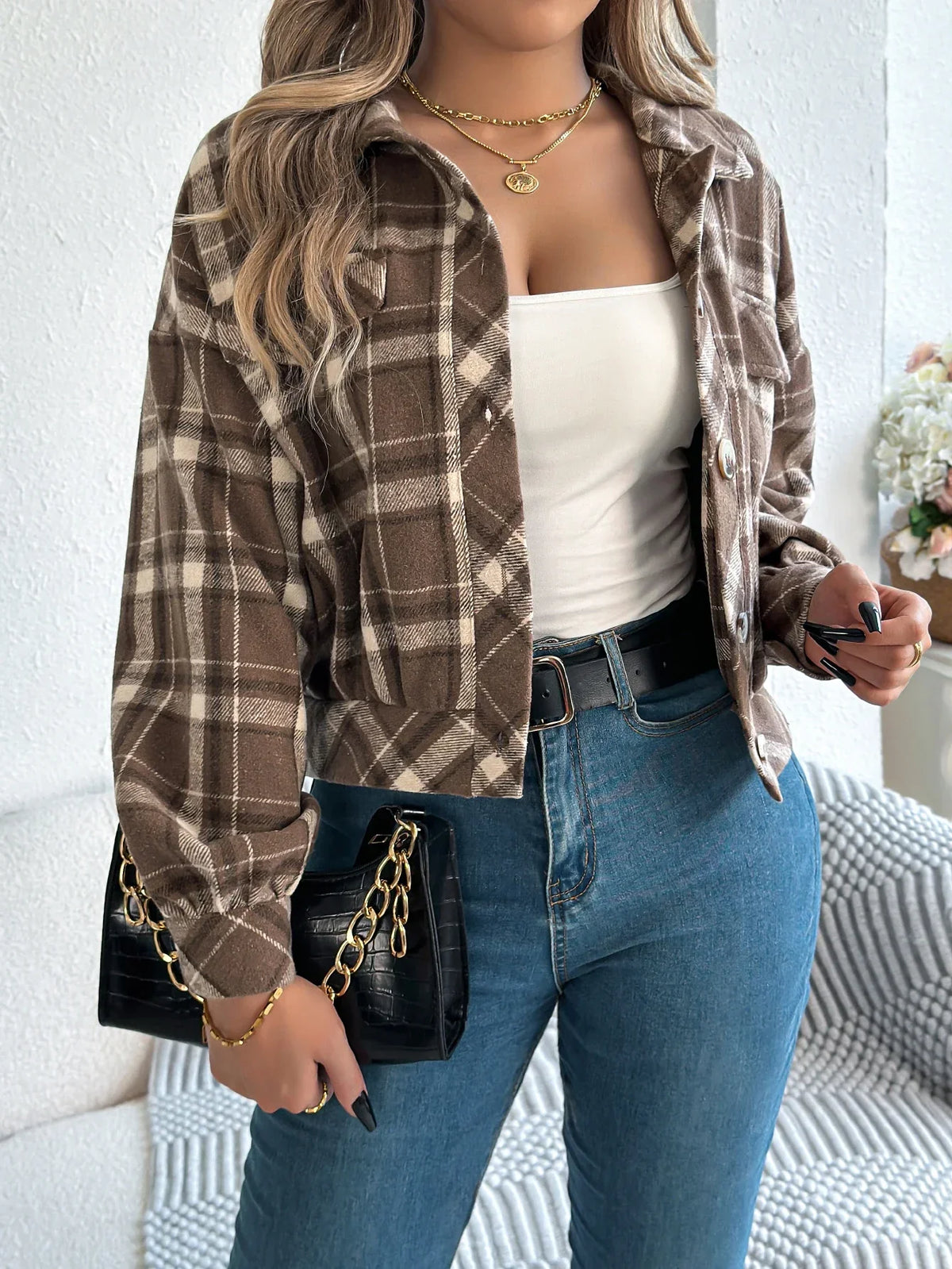 Hollis | Women's Cropped Check Relaxed-Fit Shacket