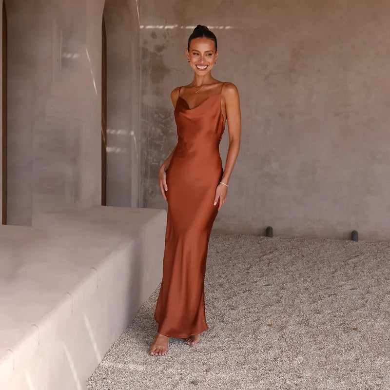 Women's Satin Open-Back Christmas Party Maxi Dress