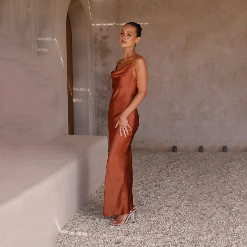 Women's Satin Open-Back Christmas Party Maxi Dress