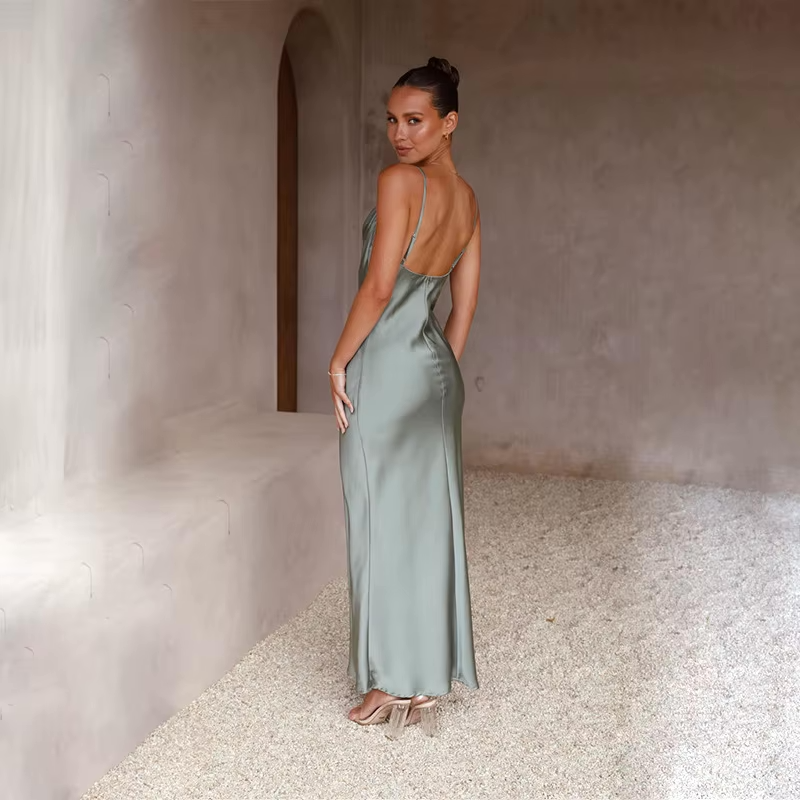 Women's Satin Open-Back Christmas Party Maxi Dress