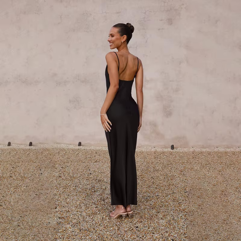 Women's Satin Open-Back Christmas Party Maxi Dress
