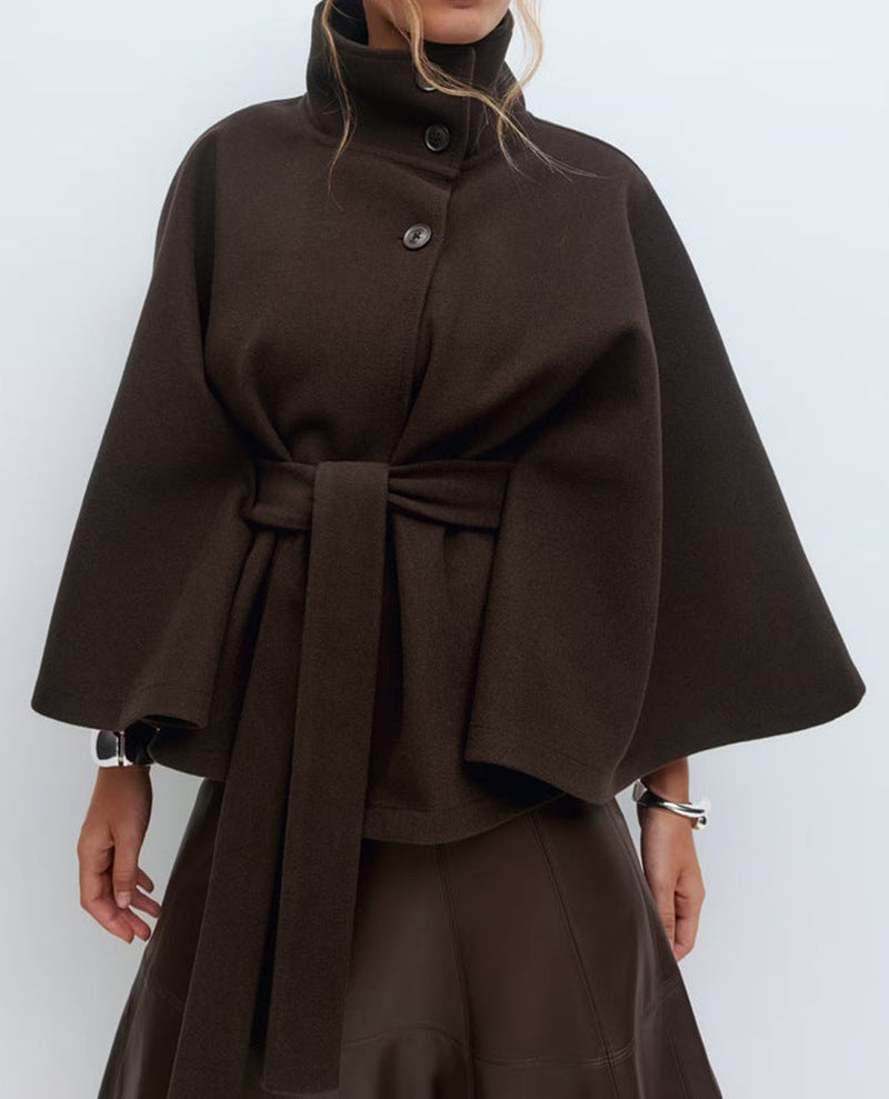 Nell | Women's Belted Funnel-Neck Cape Coat