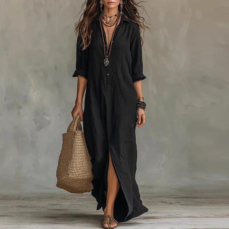 Virelia | Long Sleeve Button Front Maxi Shirt Dress